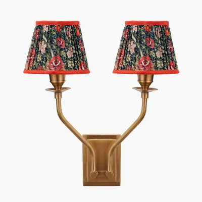 Tatiana Antique Brass Metal Double Wall Light with Floressa 16cm Red Floral Patterned Mushroom Pleat Tapered Lamp Shade