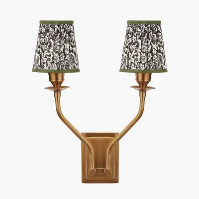Tatiana Antique Brass Metal Double Wall Light with Ornella 14cm Green Floral Design Mushroom Pleat Tall Tapered Candle Clip Lampshade