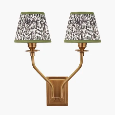 Tatiana Antique Brass Metal Double Wall Light with Ornella 16cm Green Floral Design Mushroom Pleat Tapered Lamp Shade