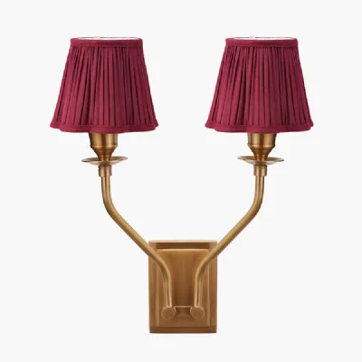 Tatiana Antique Brass Metal Double Wall Light with Malia 18cm Mulberry Red Mushroom Pleat Scalloped Tapered Lamp Shade