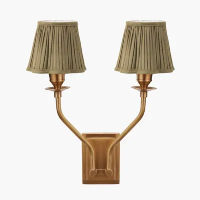 Tatiana Antique Brass Metal Double Wall Light with Malia 18cm Olive Mushroom Pleat Scalloped Tapered Lamp Shade