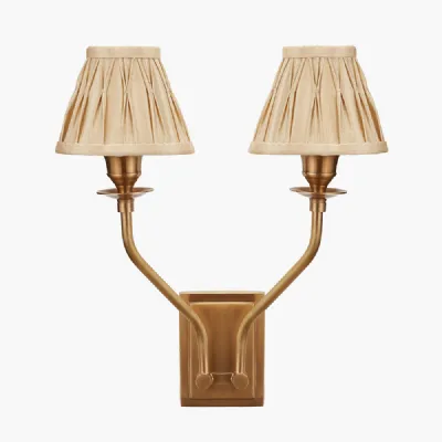 Tatiana Antique Brass Metal Double Wall Light with Garbo 15cm Gold Silk Mix Pinch Pleat Tapered Candle Clip Lampshades