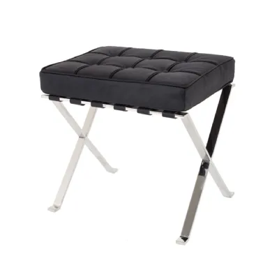 Black Leather Cushion Stool with Nickel Metal X Frame