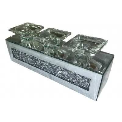 Modern Silver Mirrored Crushed Diamond 3 Light Candle Holder