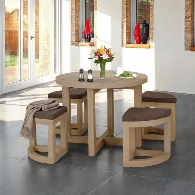 Light Sonoma Oak Dining Table Set with 4 Cushioned Stools