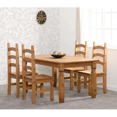 Distressed Waxed Wood Dining Table Set with 4 Chairs