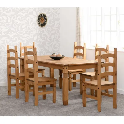 Distressed Waxed Wood Dining Table Set with 6 Chairs