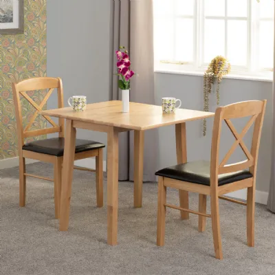 Natural Oak Drop Leaf Dining Table Set 2 Brown Padded Chairs