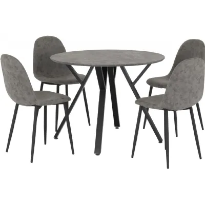 Athens Round Dining Set Concrete Effect Black Grey Faux Leather