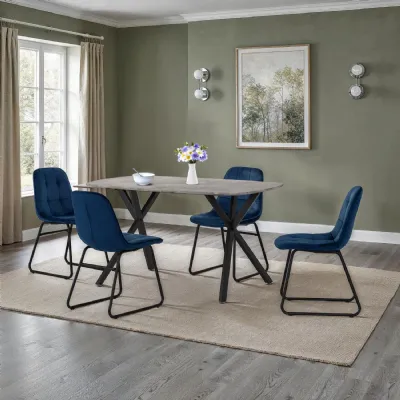 Concrete Textured Wood Dining Table Set with 4 Blue Chairs