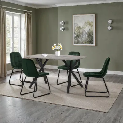 Concrete Textured Wood Dining Table Set with 4 Green Chairs