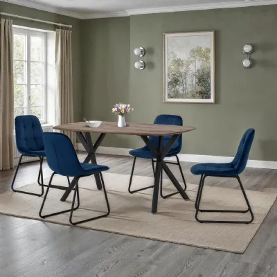 Medium Oak Effect Top Dining Table Set 4 Blue Velvet Chairs