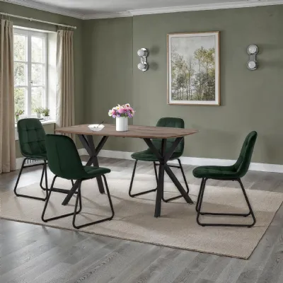 Medium Oak Effect Top Dining Table Set 4 Green Velvet Chairs
