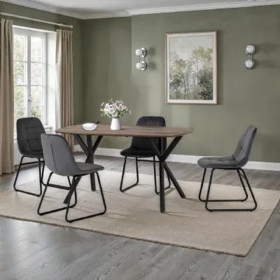 Medium Oak Effect Top Dining Table Set 4 Grey Velvet Chairs