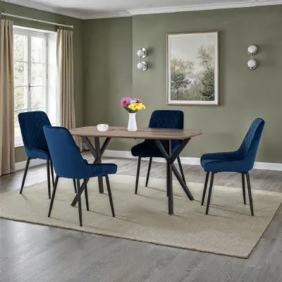 Medium Oak Dining Table Set with 4 Blue Velvet Chairs