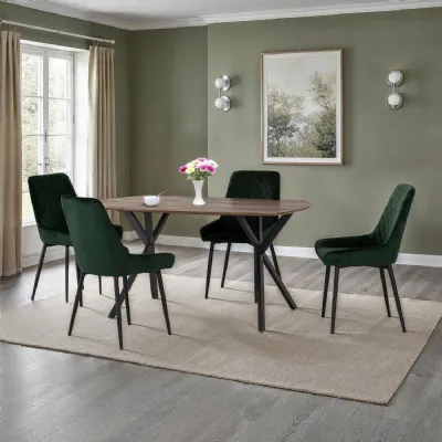 Medium Oak Dining Table Set with 4 Green Velvet Chairs