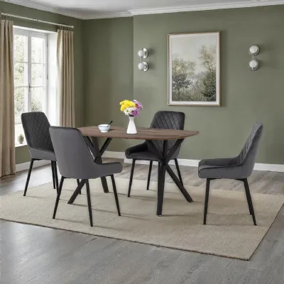 Medium Oak Dining Table Set with 4 Grey Velvet Chairs