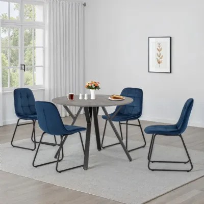 Concrete Effect Round Dining Table Set with 4 Blue Chairs
