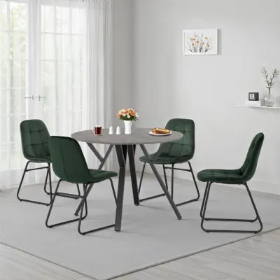 Concrete Effect Round Dining Table Set with 4 Green Chairs