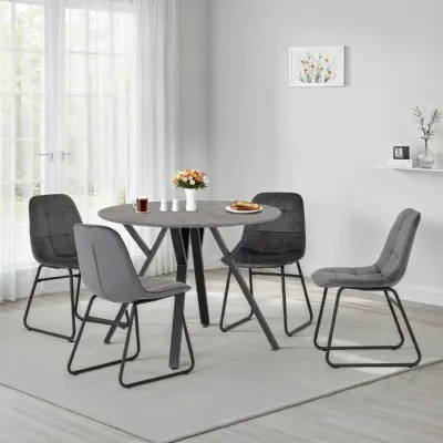 Concrete Effect Round Dining Table Set with 4 Grey Chairs