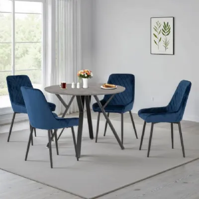 Concrete Texture Round Dining Table Set with 4 Blue Chairs