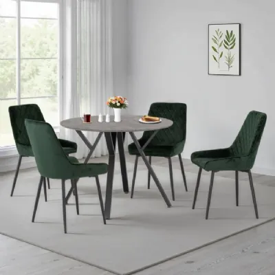 Concrete Texture Round Dining Table Set with 4 Green Chairs