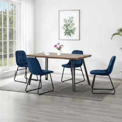Medium Oak Effect Top Dining Table Set 4 Blue Velvet Chairs
