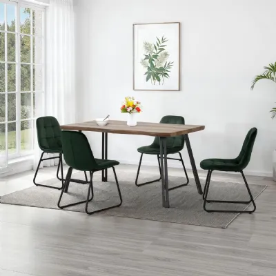 Medium Oak Effect Top Dining Table Set 4 Green Velvet Chairs