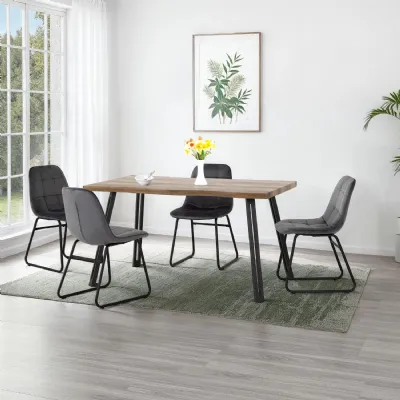 Medium Oak Effect Top Dining Table Set 4 Grey Velvet Chairs