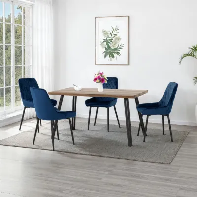 Medium Oak Wave Style Dining Table Set with 4 Blue Chairs