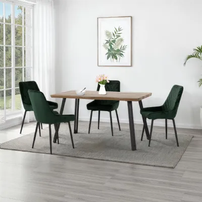 Medium Oak Wave Style Dining Table Set with 4 Green Chairs