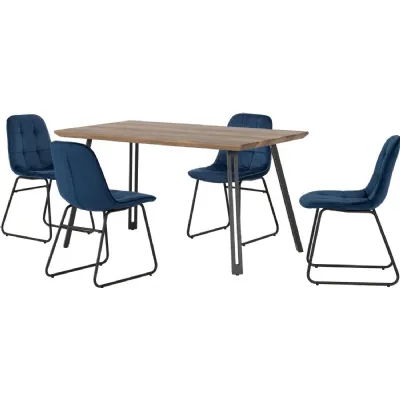 Quebec Straight Edge Dining Set with Lukas Chairs Medium Oak Effect Black Sapphire Blue Velvet