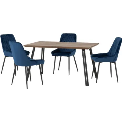 Quebec Straight Edge Dining Set with Avery Chairs Medium Oak Effect Black Sapphire Blue Velvet