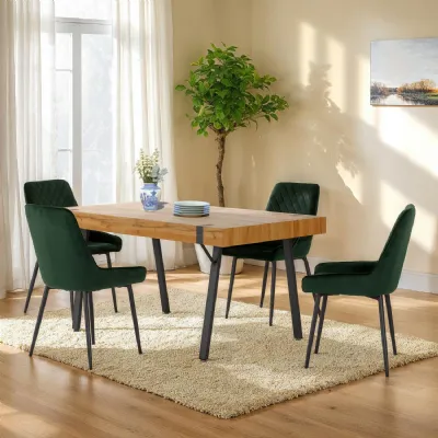 Light Oak Dining Table Set with 4 Green Velvet Chairs
