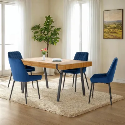 Light Oak Dining Table Set with 4 Blue Velvet Chairs
