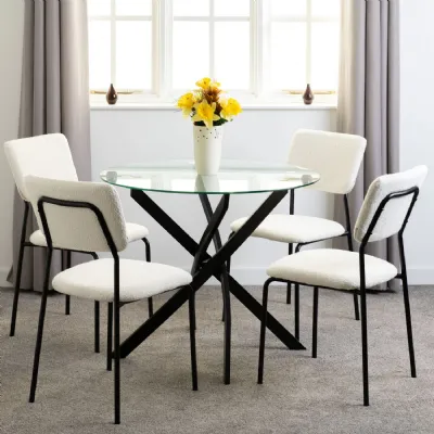 Clear Glass Top Round Dining Set 4 Ivory Fabric Chairs