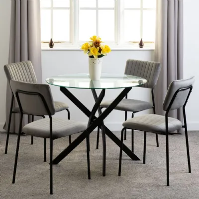 Clear Glass Top Round Dining Table Set 4 Grey Velvet Chairs