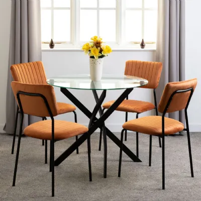 Clear Glass Top Round Dining Set 4 Orange Velvet Chairs