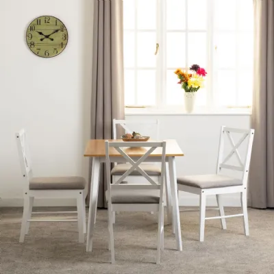 White Wood Oak Top Dining Table Set 4 Grey Padded Chairs