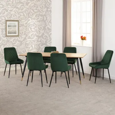 Medium Oak 180cm Large Dining Table Set 6 Green Chairs