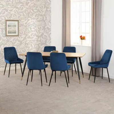 Medium Oak Effect 180cm Large Dining Table Set 6 Blue Chairs