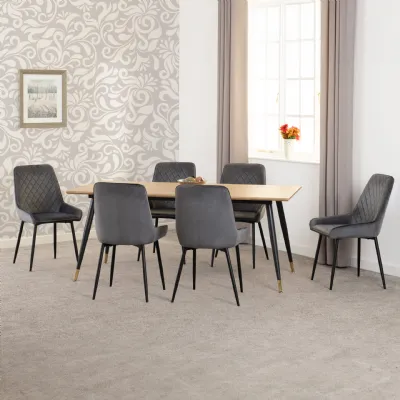 Medium Oak Effect 180cm Large Dining Table Set 6 Grey Chairs