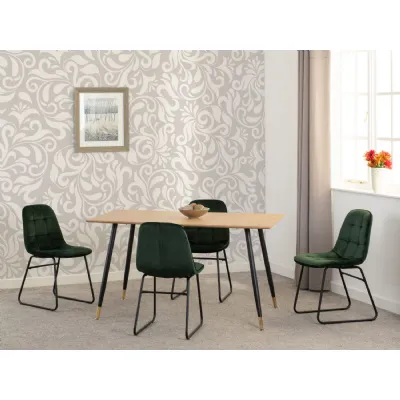 Medium Oak Effect Dining Table Set 4 Green Velvet Chairs