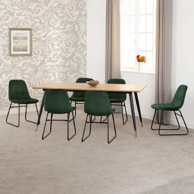 Medium Oak Effect 180cm Dining Table Set 6 Green Chairs