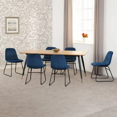 Medium Oak Effect 180cm Dining Table Set with 6 Blue Chairs