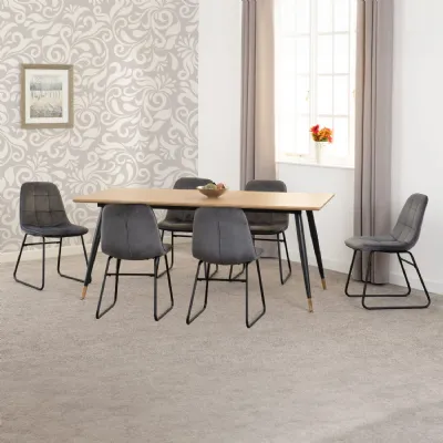 Medium Oak Effect 180cm Dining Table Set with 6 Black Chairs