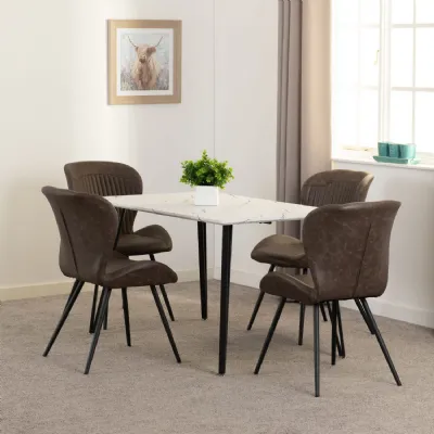 White Marble Top Dining Table Set with 4 Brown Chairs