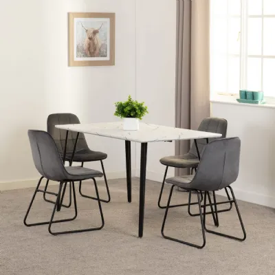 White Marble Effect Dining Table Set 4 Grey Velvet Chairs