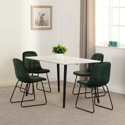 White Marble Effect Dining Table Set 4 Green Velvet Chairs