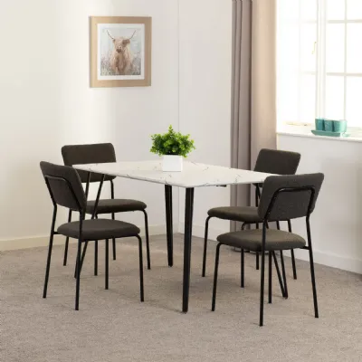 White Marble Top Dining Table Set 4 Grey Fabric Chairs